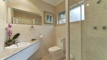 A bathroom with a sink, toilet, and shower.
