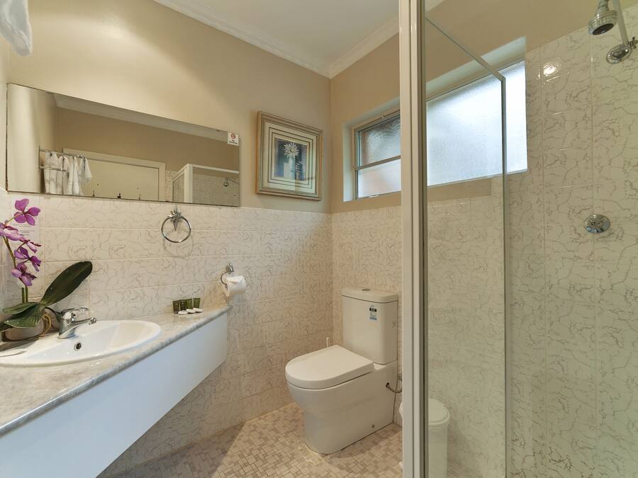 A bathroom with a sink, toilet, and shower.