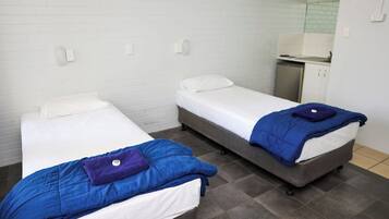 Een kamer met twee eenpersoonsbedden, elk met een blauwe deken en een wit kussen.