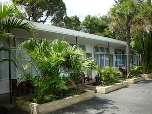 Un edificio moderno con ventanas amplias y un jardín con diversas plantas.