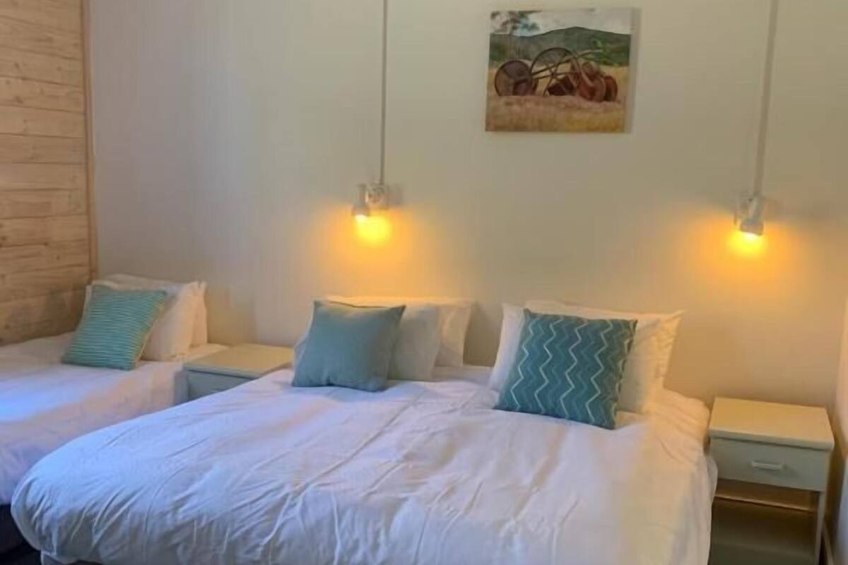 Una cama doble con dos mesitas de noche, un cuadro colgado en la pared y dos lámparas colgantes.
