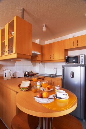Full-size fridge, microwave, stovetop, cookware/dishes/utensils - Apartamentos Vegas (Santiago)