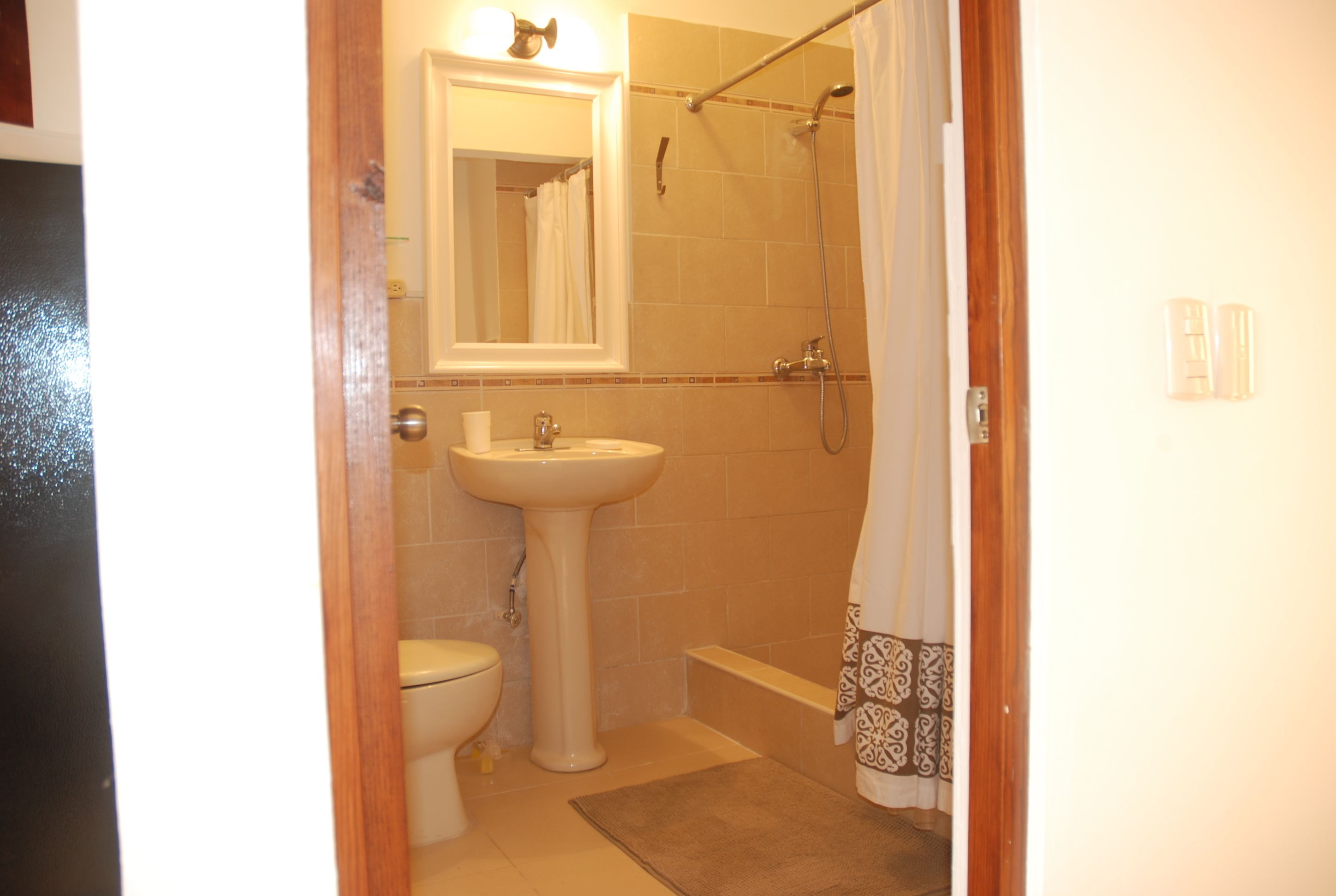 Une salle de bain équipée d’un lavabo sur colonne, de toilettes et d’un espace douche séparé par un rideau.