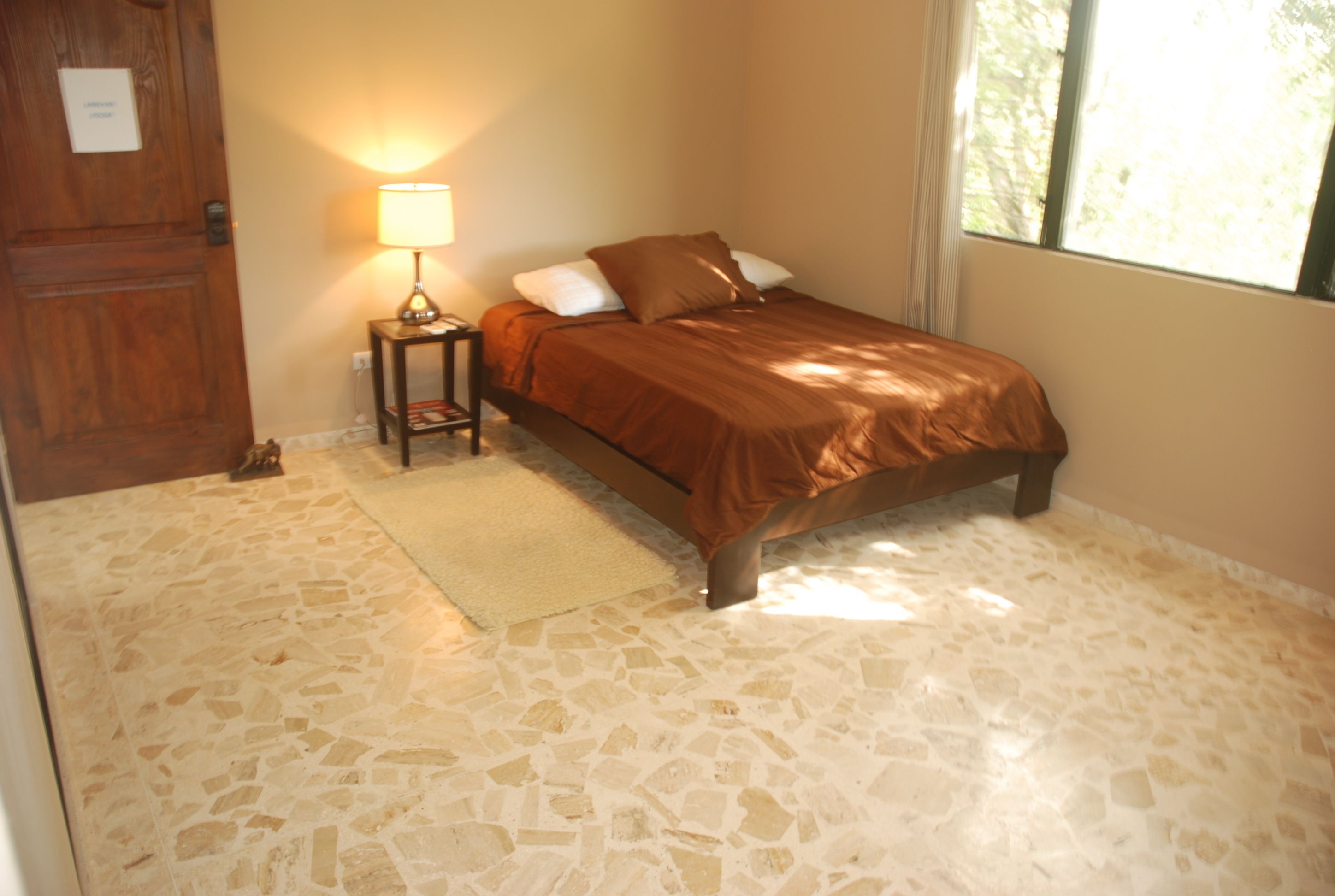 Un dormitorio con una cama, una mesita de noche con lámpara, una alfombra y una puerta de madera.