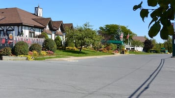 A quiet street with traditional houses, a clear sky, and well-maintained lawns.
