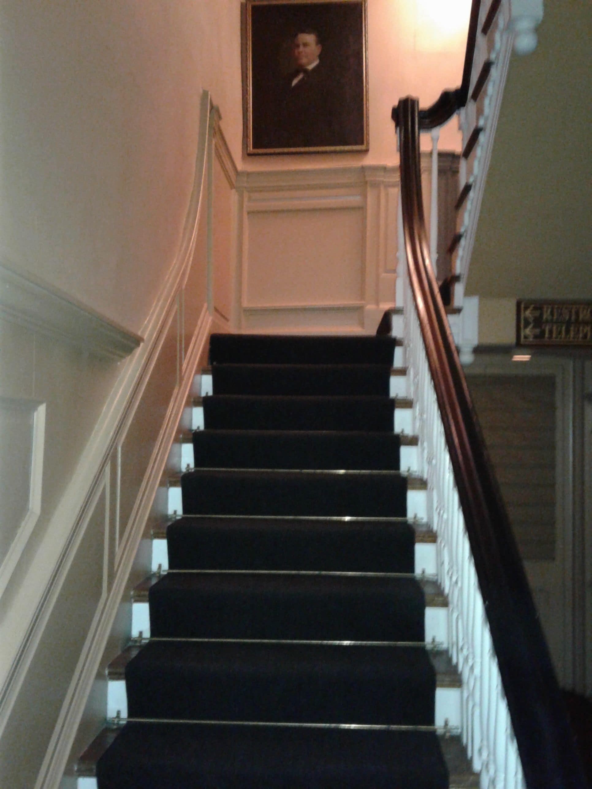 A staircase with a handrail and a framed portrait above it.