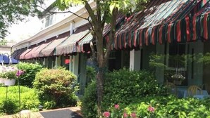 A row of buildings with awnings, a tree, and a garden with pink flowers. - The Brick Hotel (Newtown)