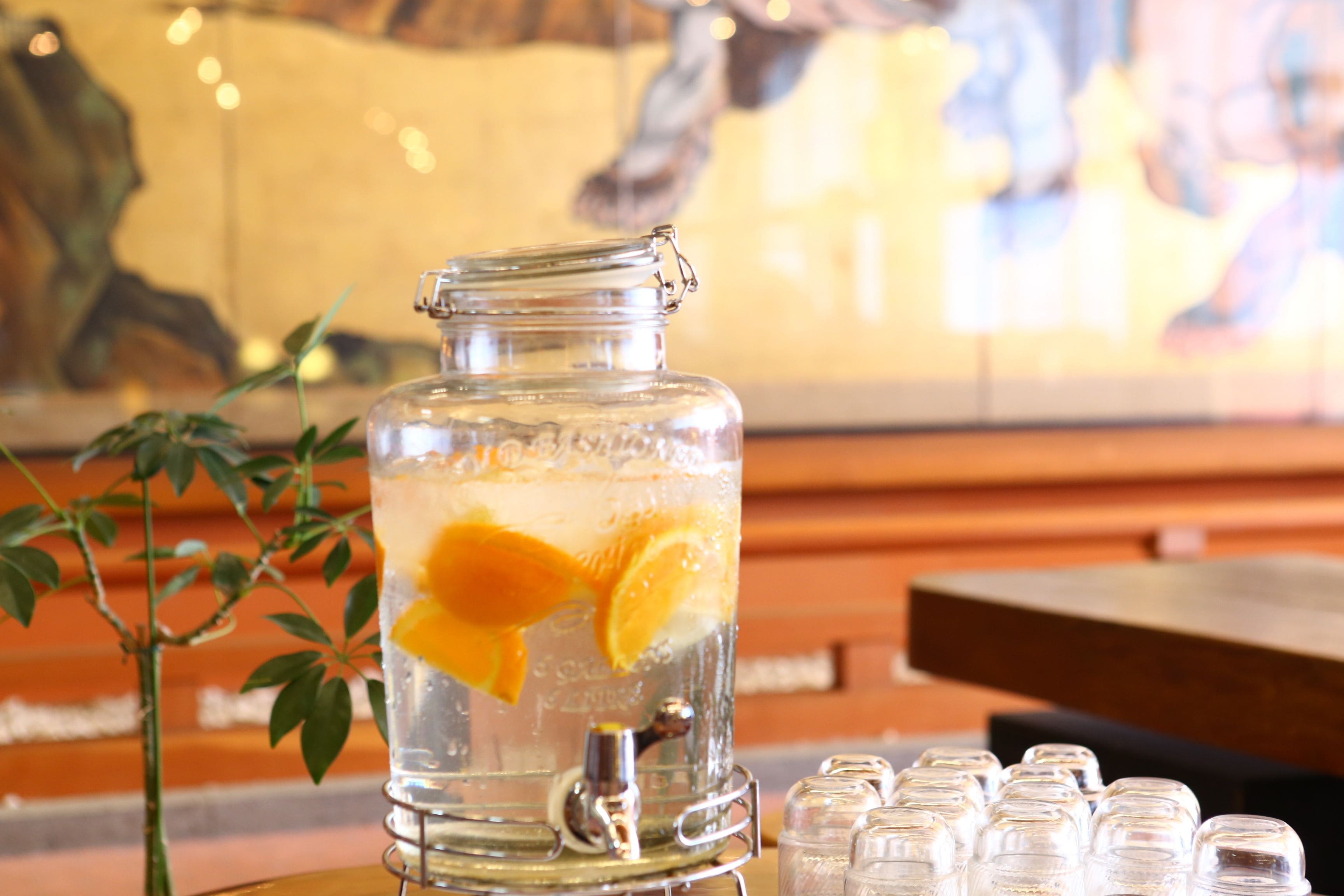 A clear glass jar with a metal clasp, filled with water and orange slices, placed on a table with a plant beside it.