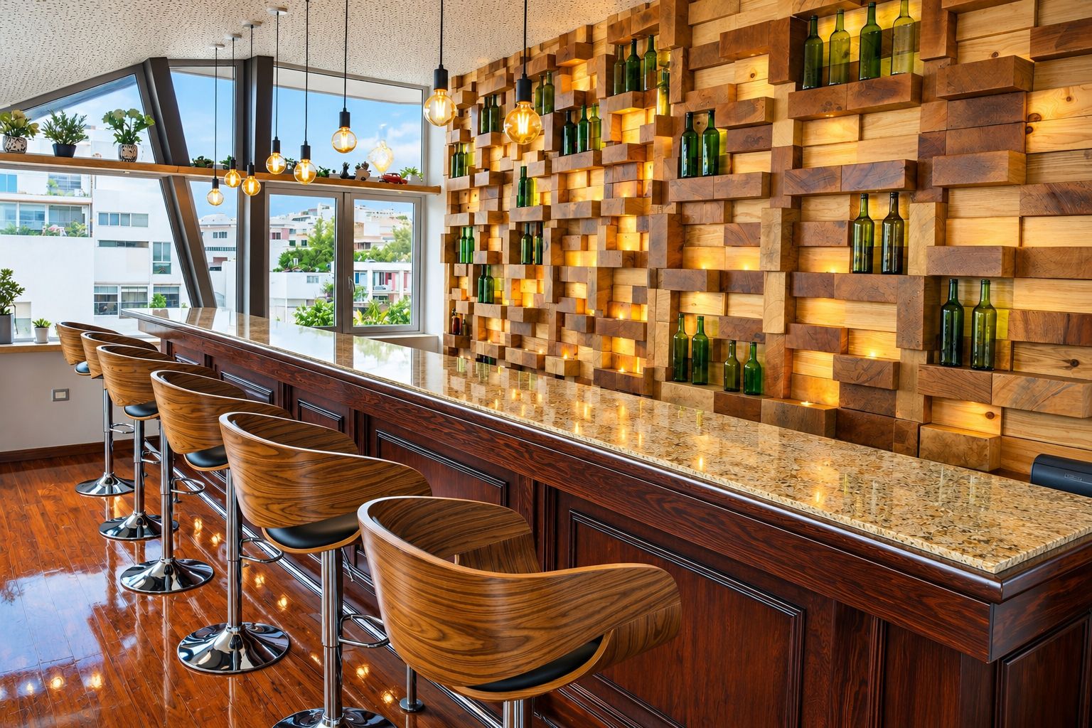 Una zona de bar con estantes de madera que sostienen botellas, encimera de granito pulido y taburetes de bar modernos.