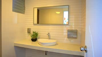 Un bany amb un lavabo blanc, un mirall i una planta en test.