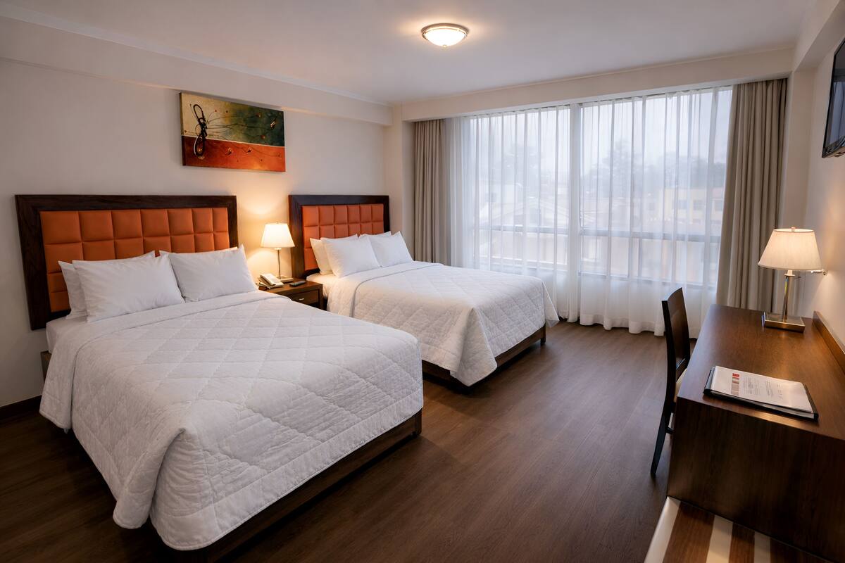 A hotel room with two beds, a desk, and a large window with curtains.