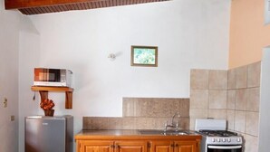 A compact kitchen with wooden cabinets, a stainless steel refrigerator, a stove, and a microwave on a shelf.