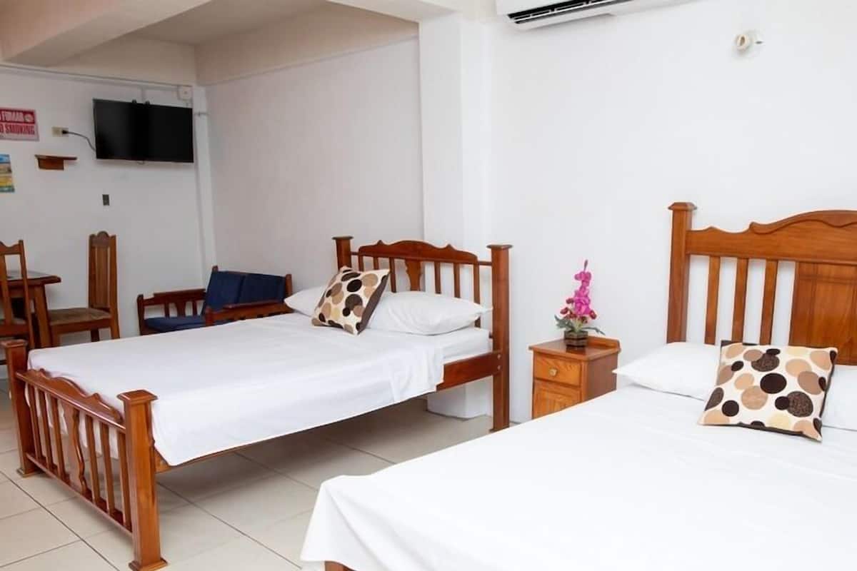 Two single beds with wooden frames and white linens, a small wooden nightstand with a flower, and a TV mounted on the wall.