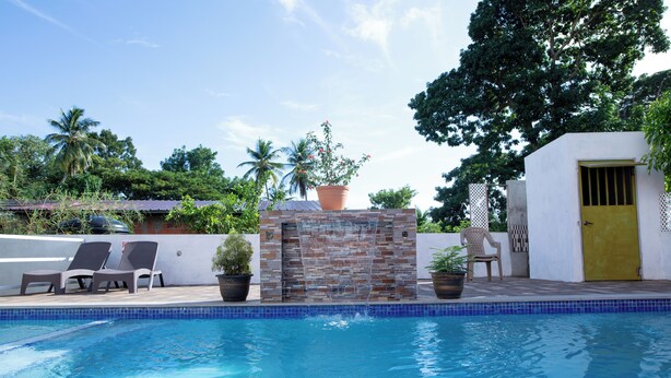 A swimming pool with a tiled edge, lounge chairs, and potted plants.
