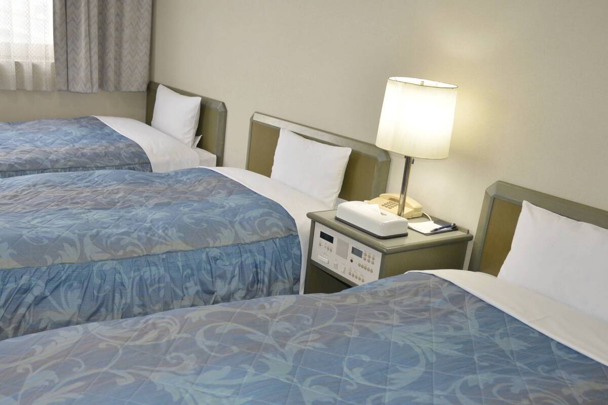 Une chambre d’hôtel avec deux lits, chacun recouvert d’une couvre-lit à motifs, une table de chevet avec une lampe et un panneau de commande.