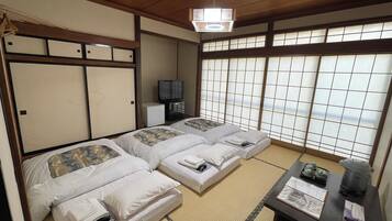 A traditional Japanese-style room with tatami flooring, two beds with pillows, a television, and a view through shoji screens.