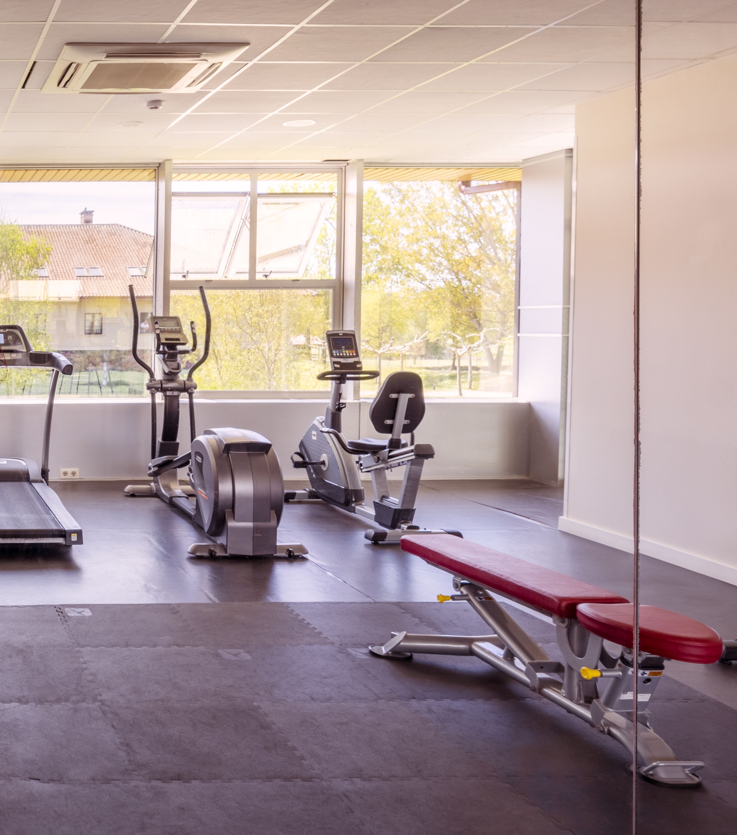 Une salle de sport équipée de matériel d’exercice, dotée de grandes fenêtres et offrant une vue sur un quartier résidentiel.