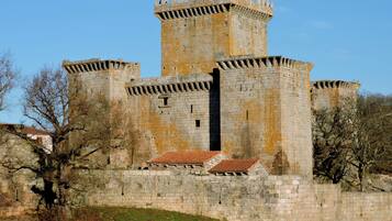Un castillo de piedra histórico con múltiples torres y una muralla fortificada.