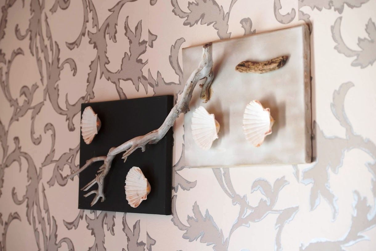 A wall-mounted display with a branch and seashells.
