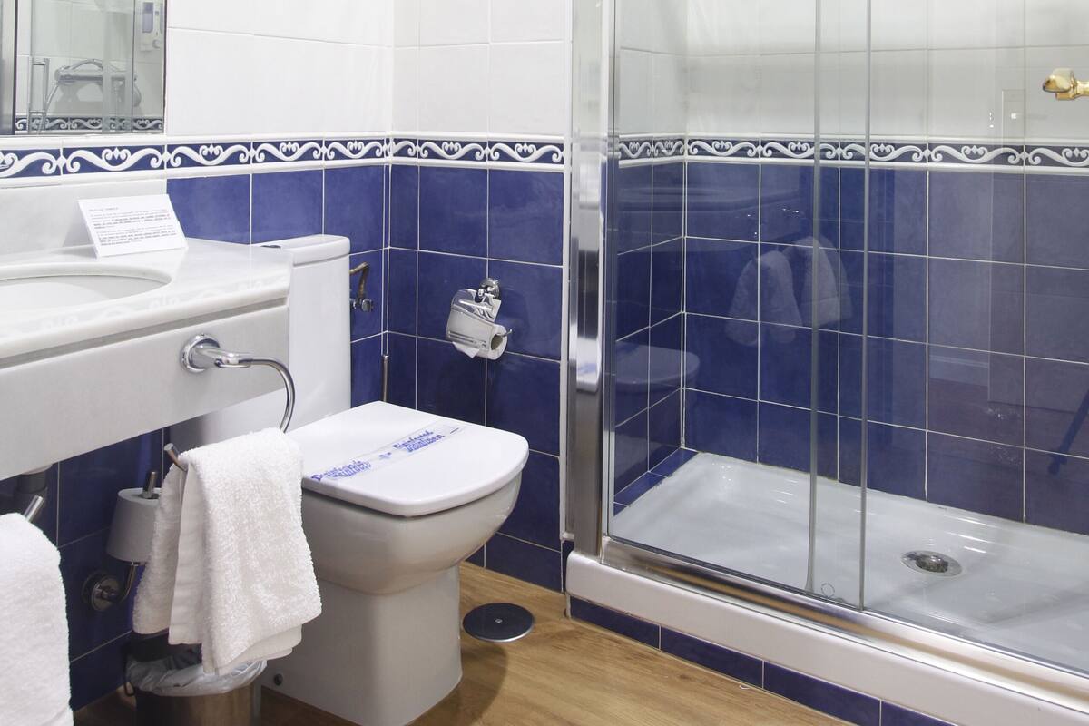 Un bagno con il water, un lavandino e una cabina doccia in vetro.