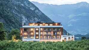 A modern building with multiple balconies and large windows, surrounded by lush greenery and mountains. - Hotel Burgaunerhof (Martello)