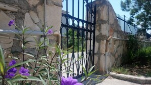 A wrought iron gate with a stone wall and a flower in the foreground. - Babis Studios (Zakynthos)