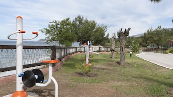 Outdoor exercise equipment near a waterfront with a paved walkway and trees.