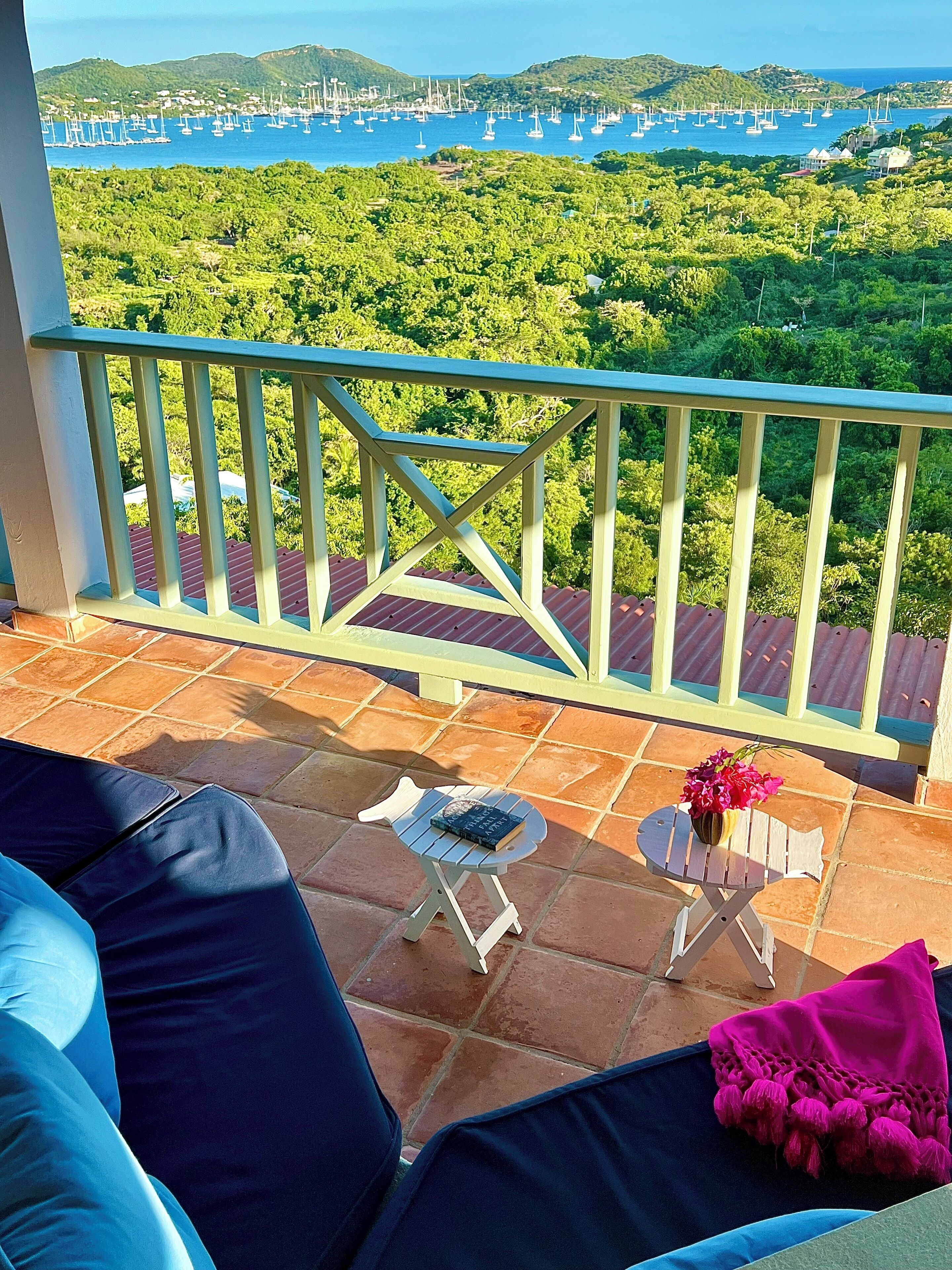 En balkon med udsigt over en lysthavn og grøntområde.