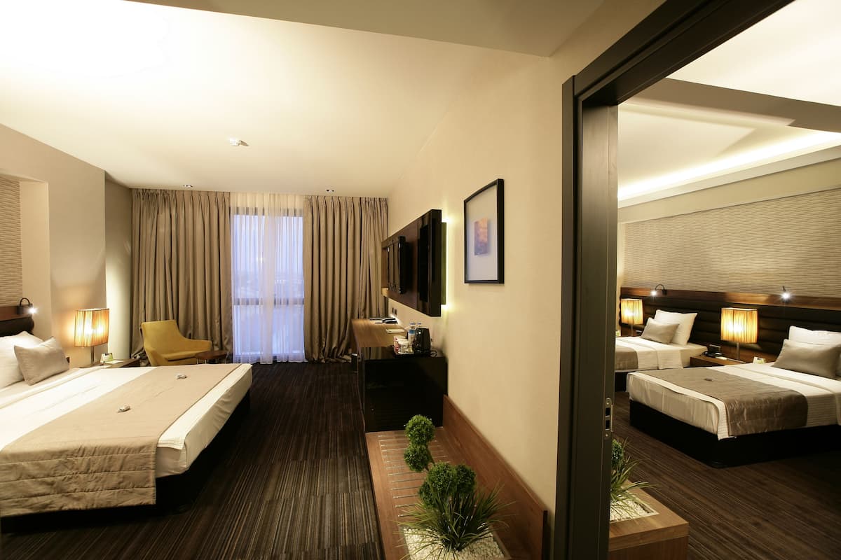 A hotel room with two beds, a desk, a chair, a TV, and a mirror.