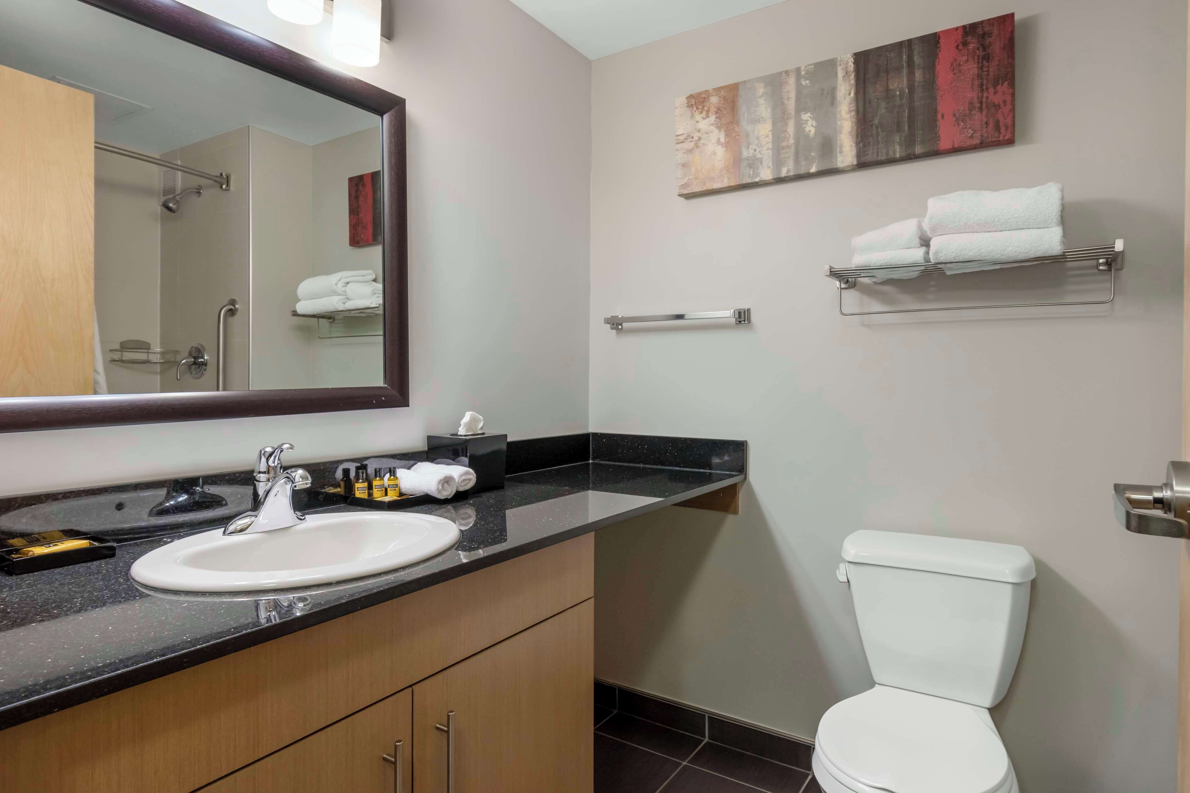 A modern bathroom with a sink, mirror, towel rack, and toilet.