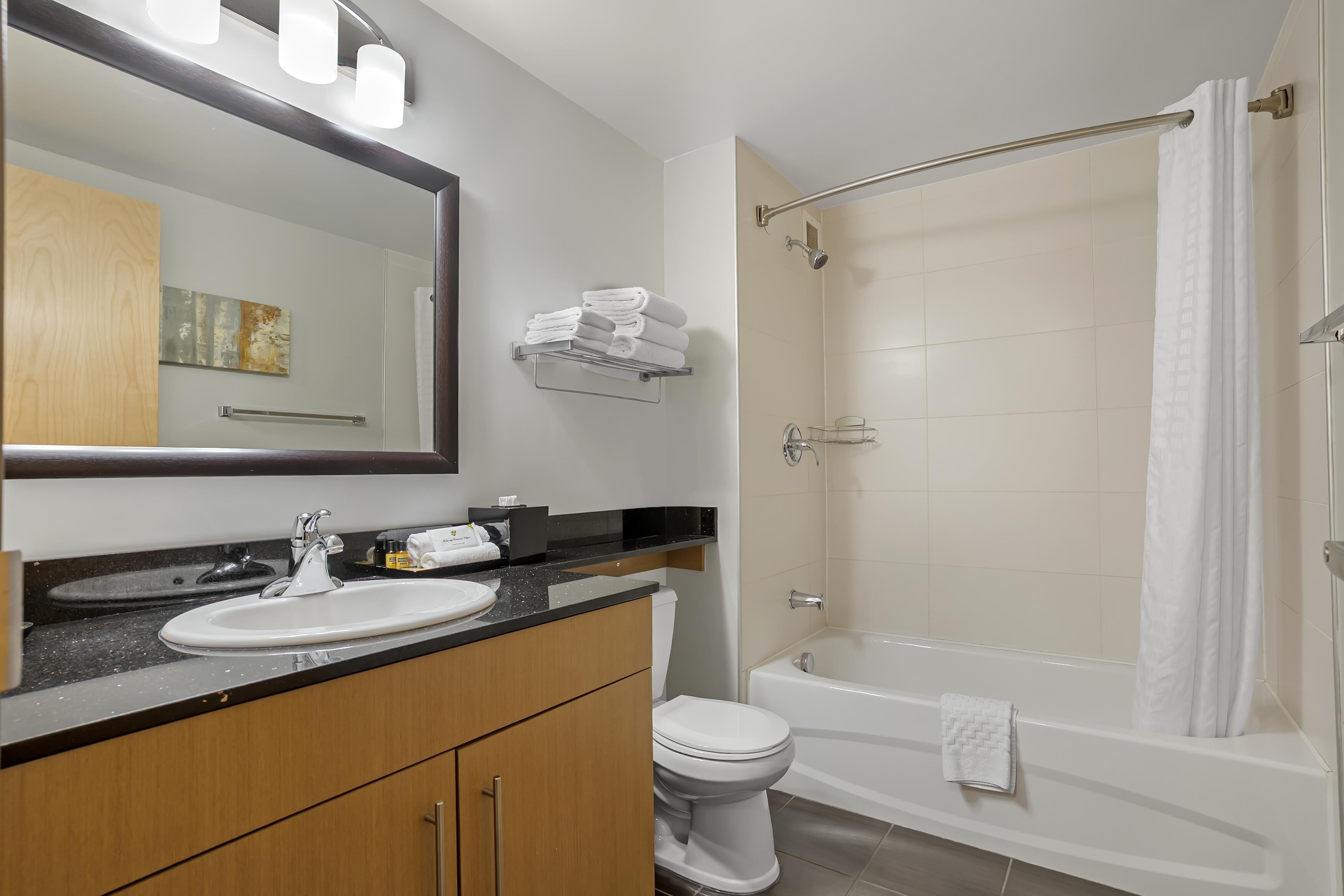 A modern bathroom with a sink, mirror, and a shower area.
