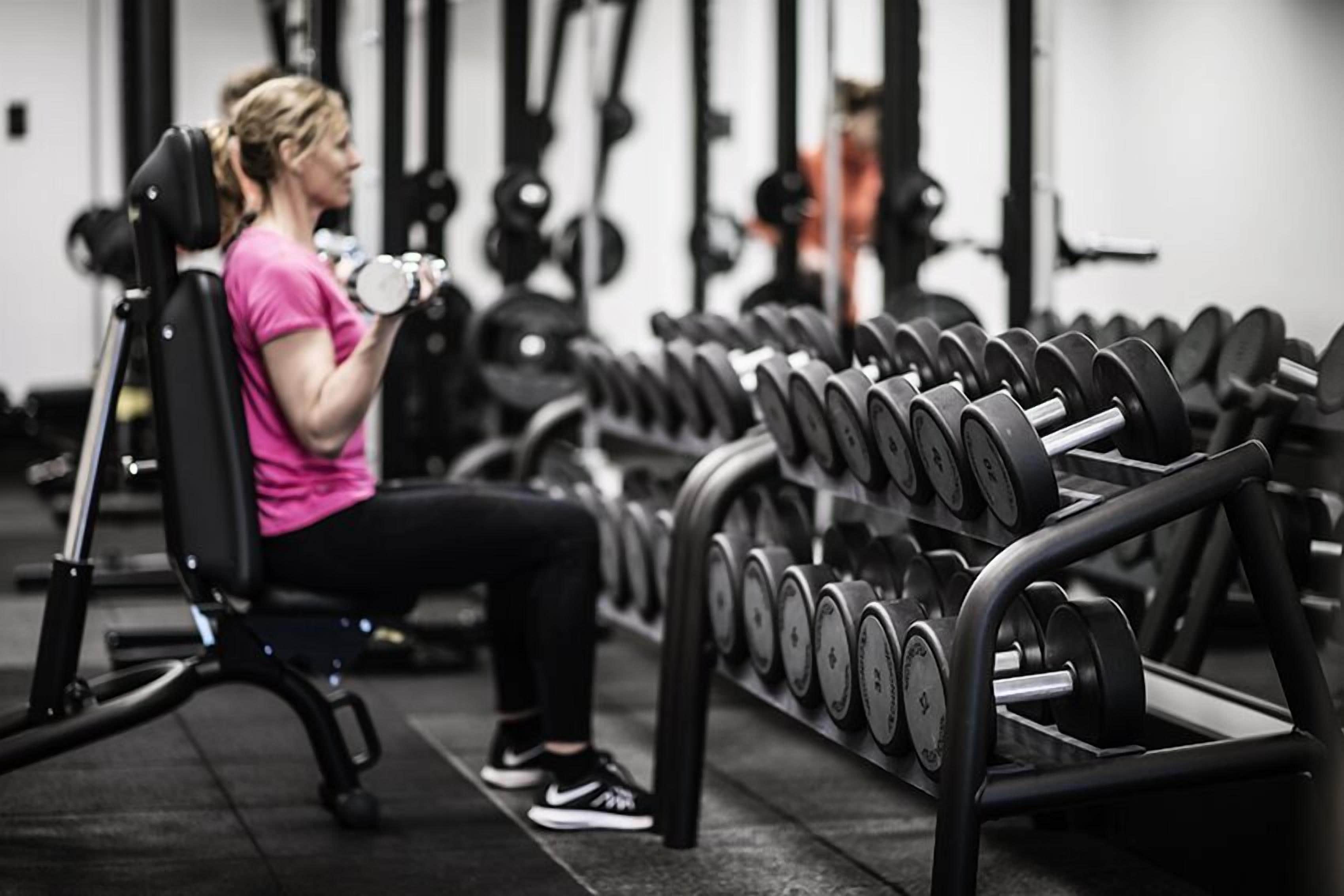 Une salle de sport équipée d’un banc de développé couché et d’un porte-haltères.