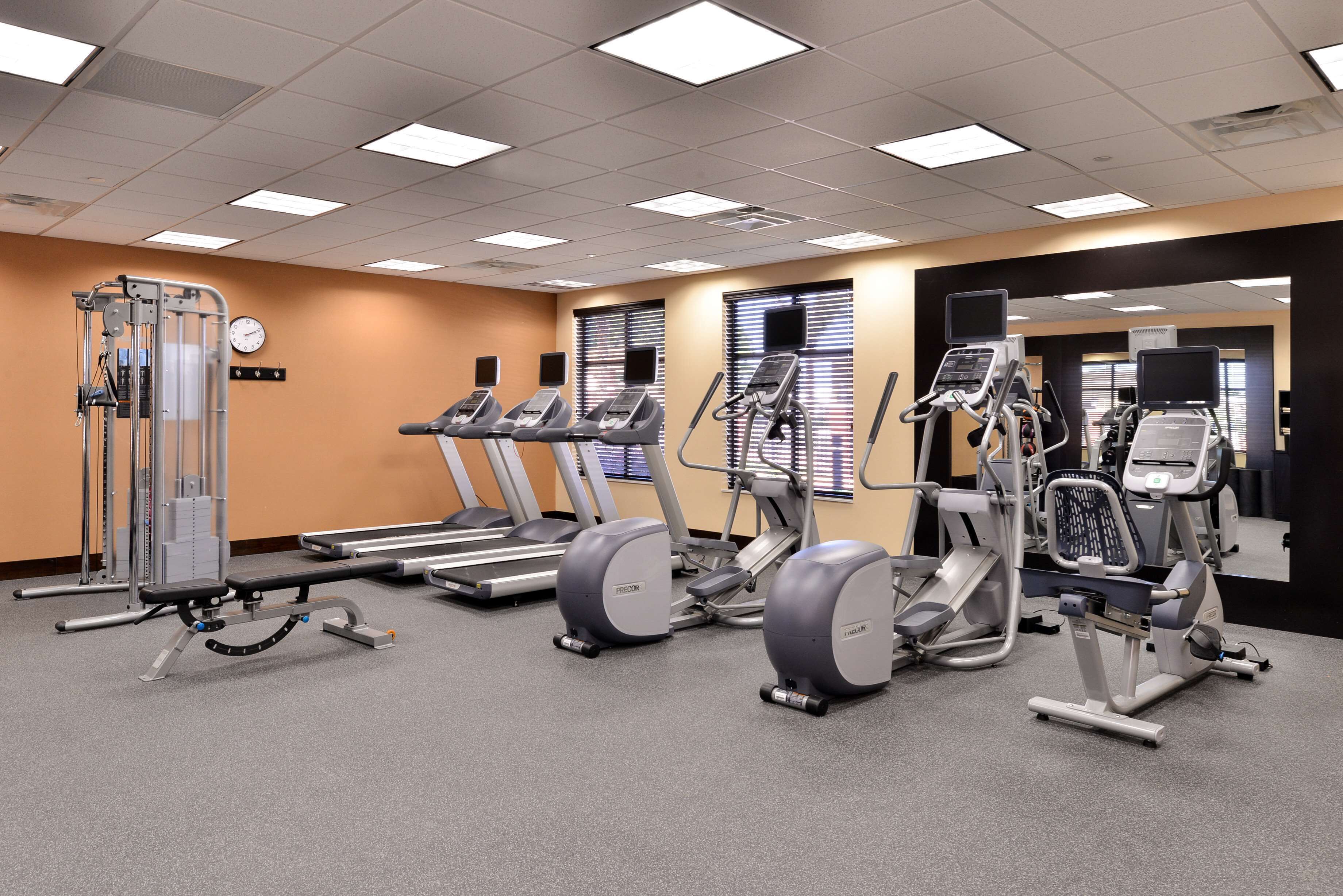 A gym with treadmills, elliptical machines, and weightlifting equipment.