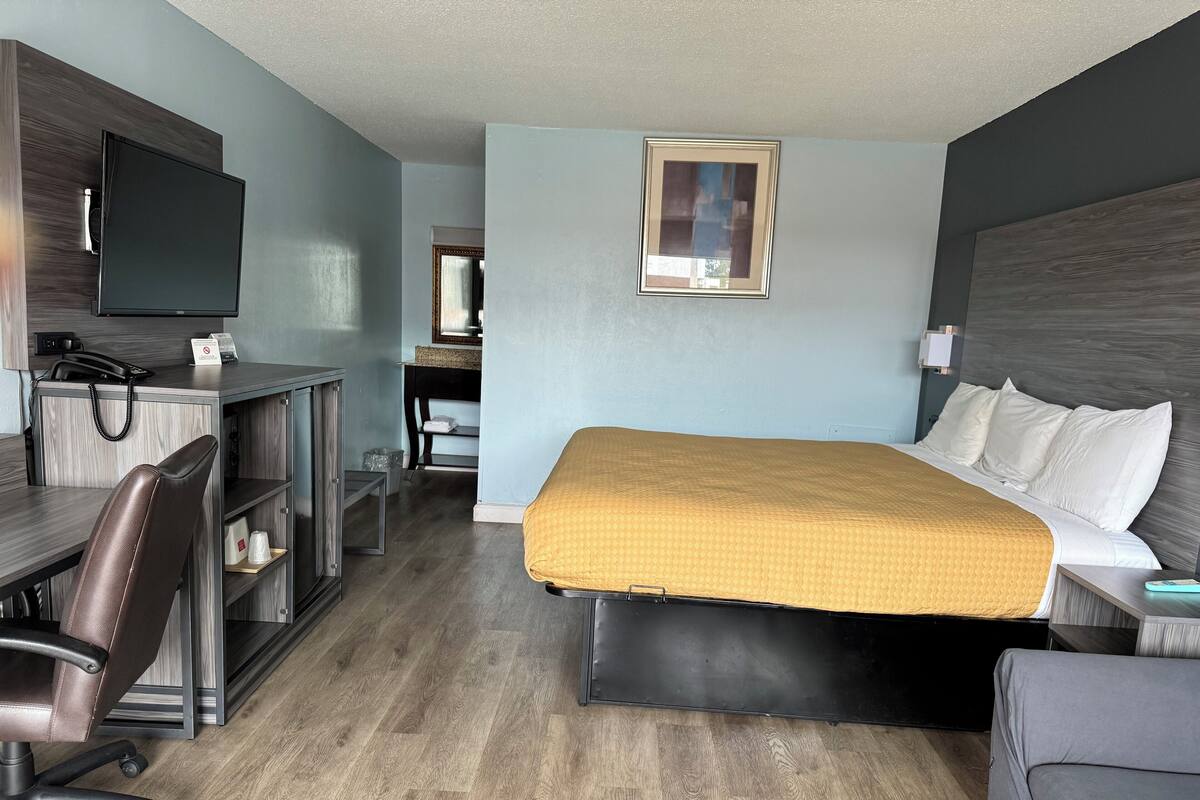 A hotel room with a bed, a desk, a chair, a television, and a mirror.