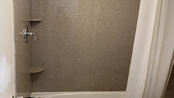 Separate bathtub and shower, hair dryer, towels