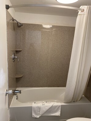 Separate bathtub and shower, hair dryer, towels - Red Carpet Inn & Suites (Danville)