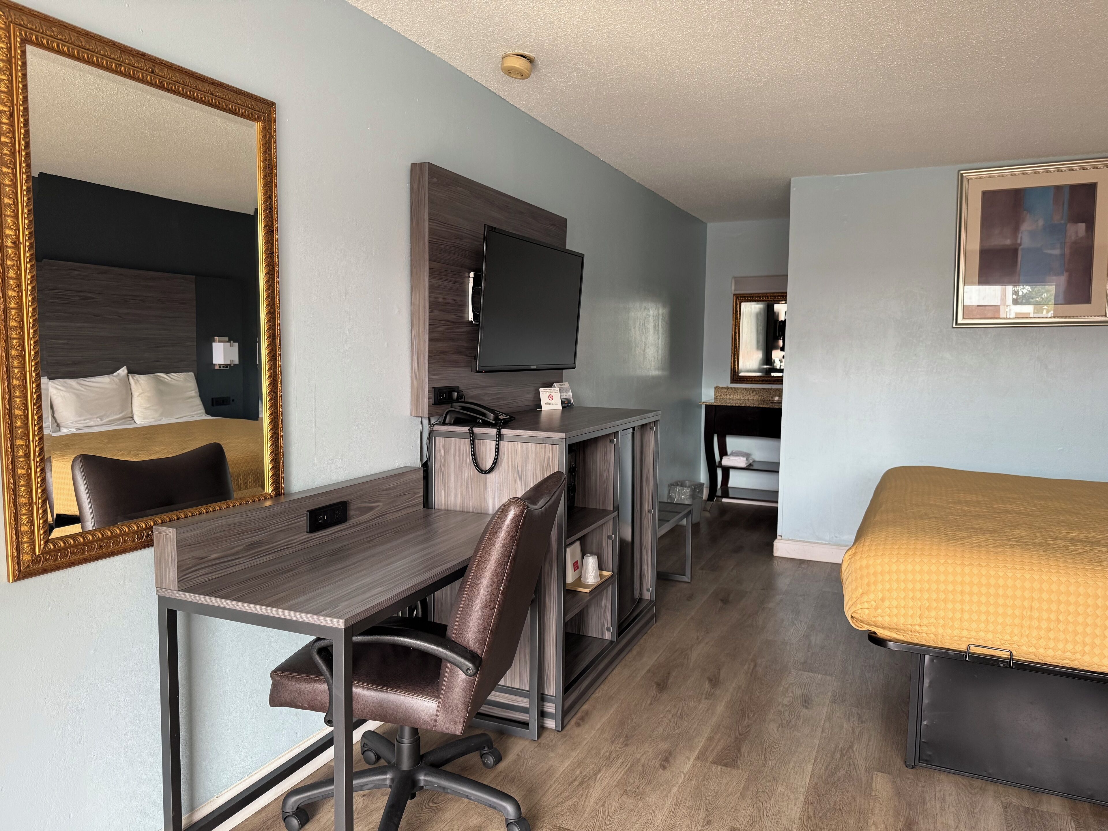A hotel room with a bed, a desk with a chair, a television, and a mirror.