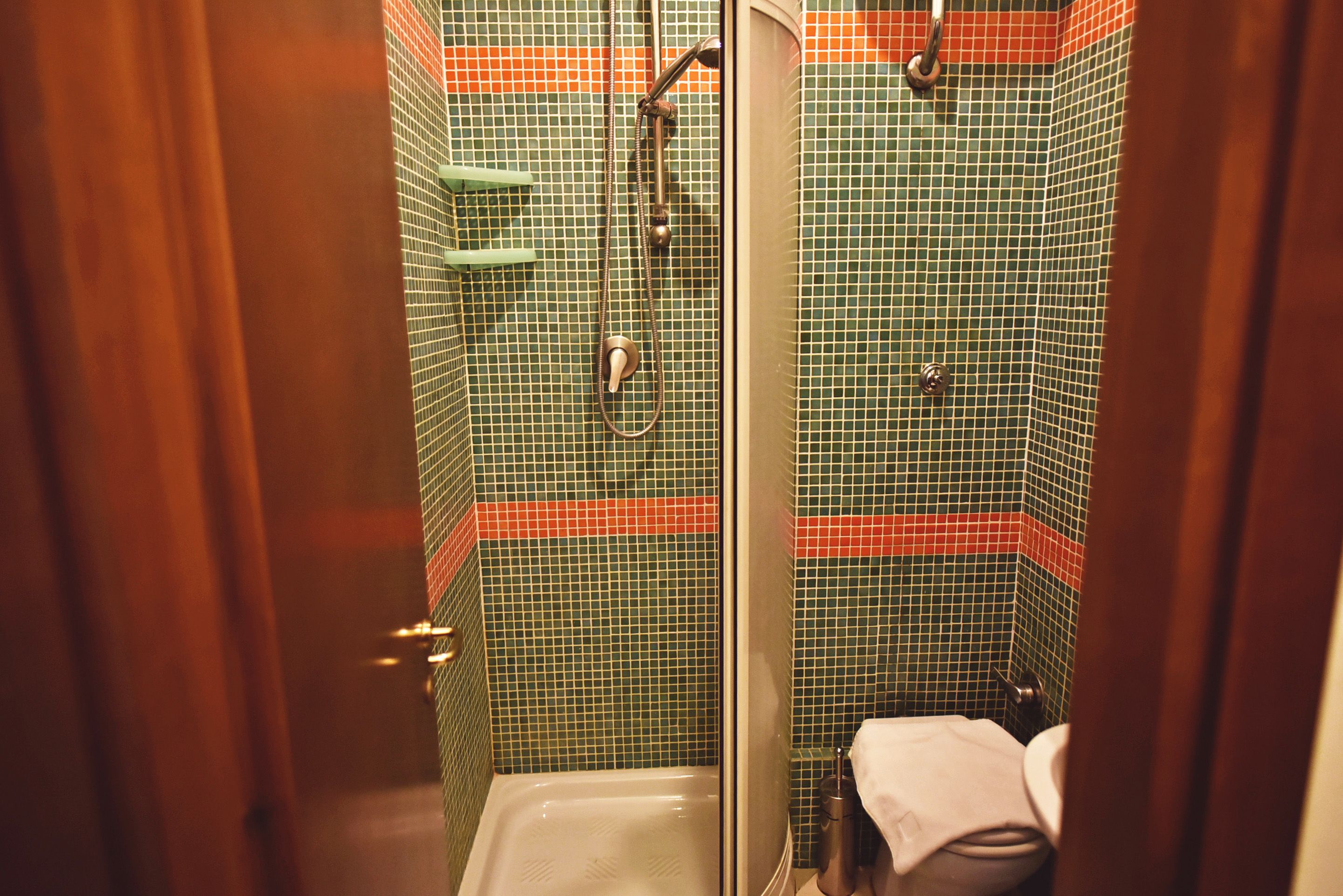 A bathroom with a shower, toilet, and a towel rack.