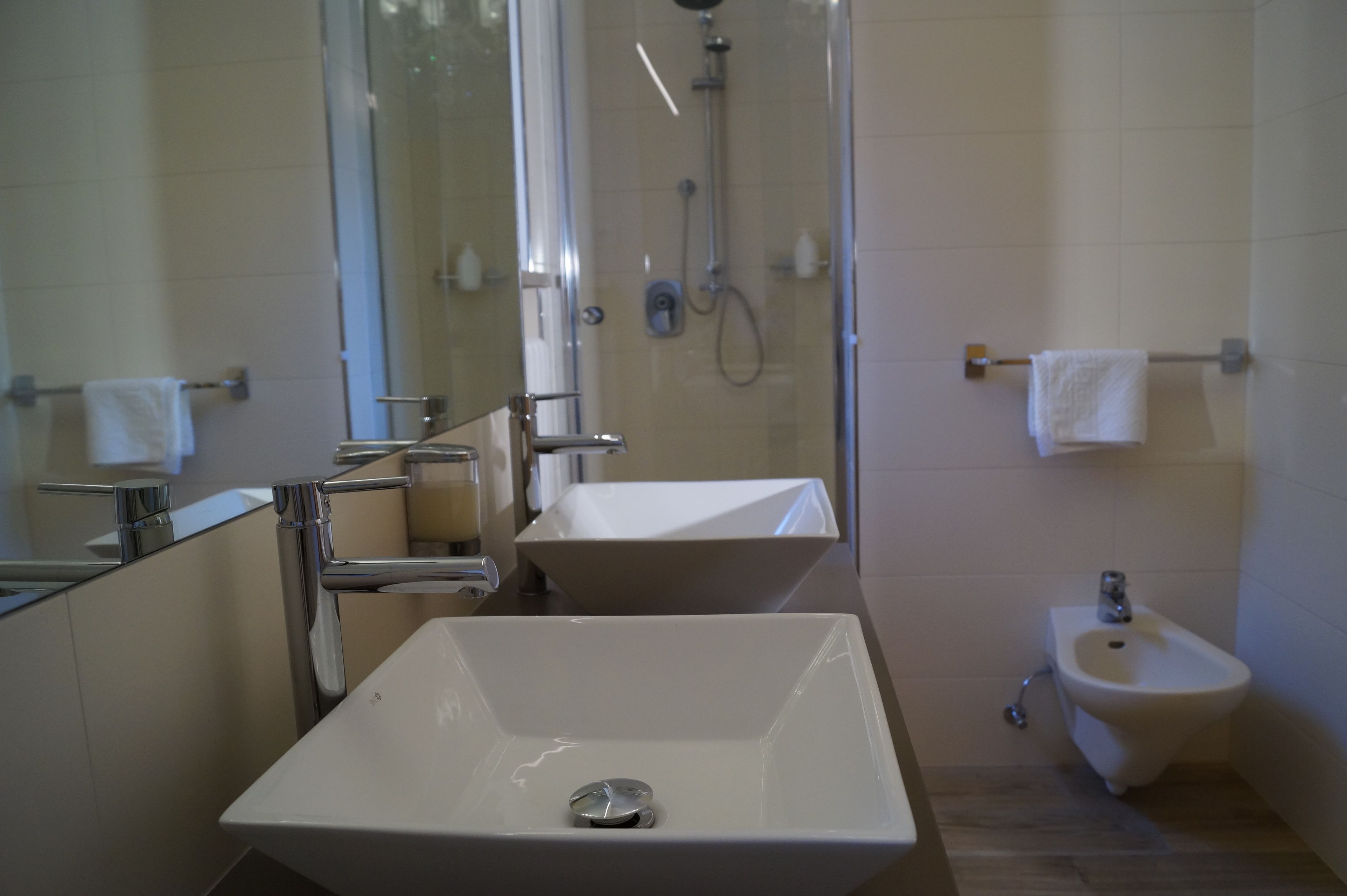 Une salle de bain moderne avec un grand lavabo, une douche et un bidet.