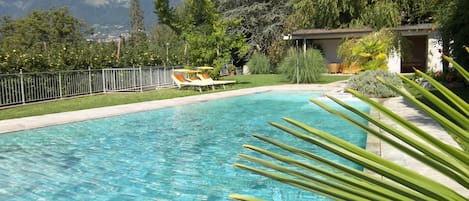 Outdoor pool, pool umbrellas, pool loungers