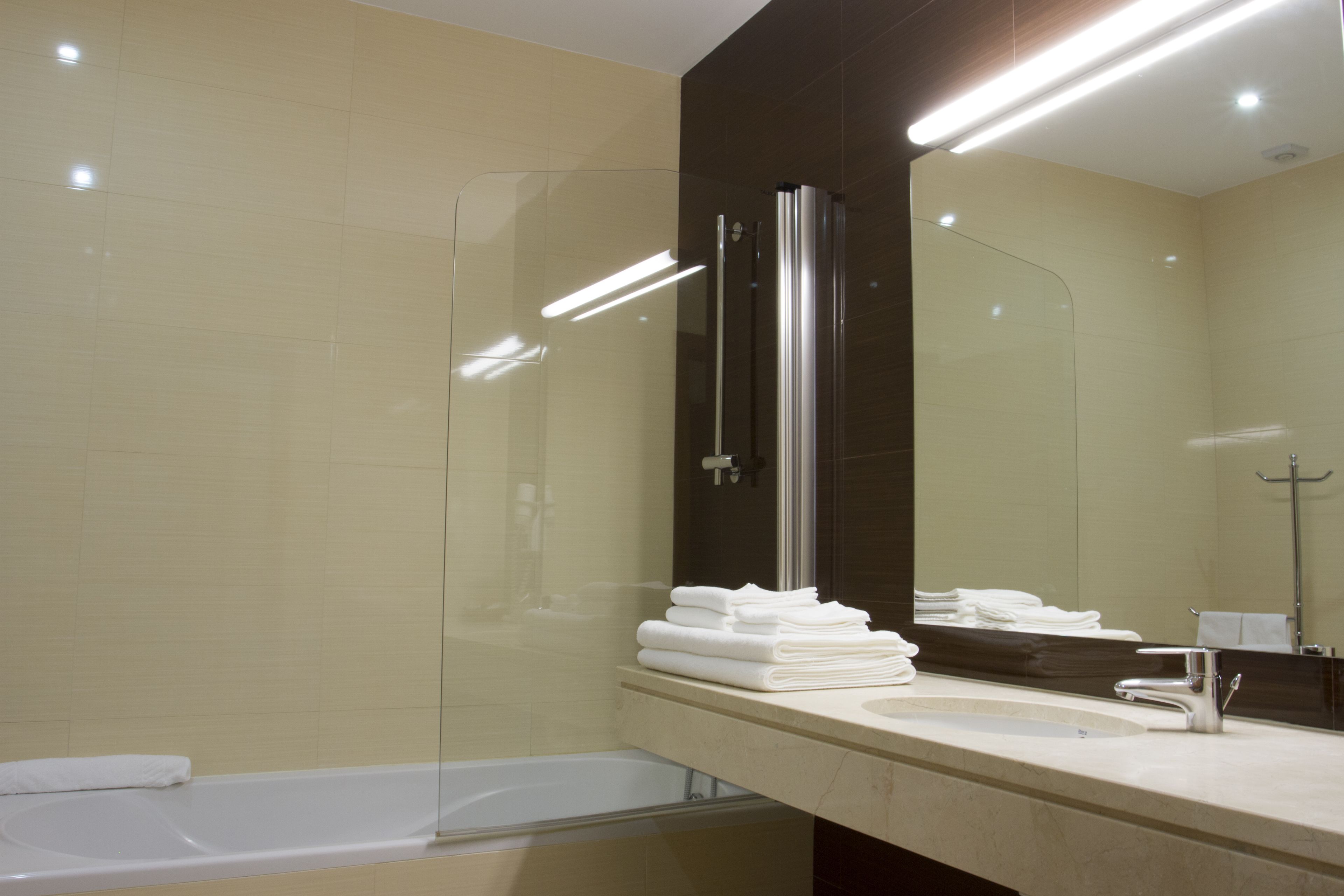 combined shower/bathtub, free toiletries, hair dryer, towels