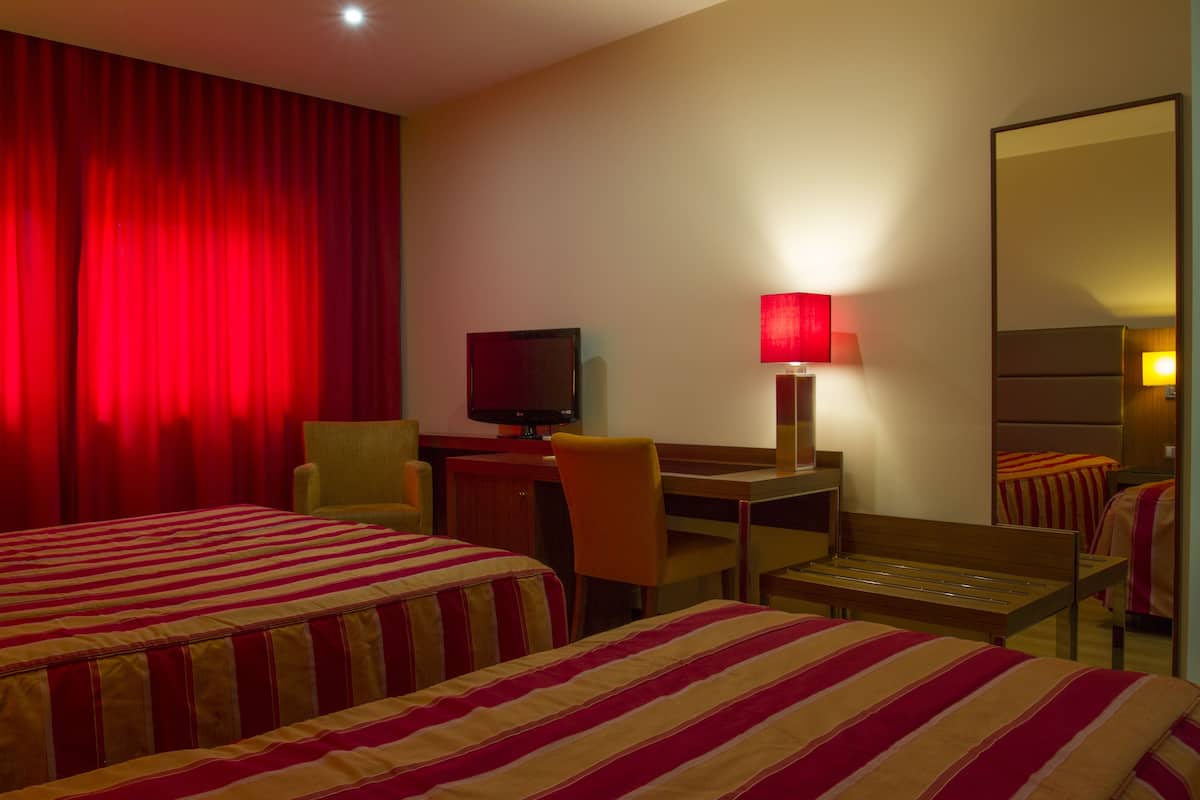 A hotel room with two beds, a desk, a chair, a television, and a mirror.