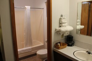Combined shower/tub, free toiletries, hair dryer, towels