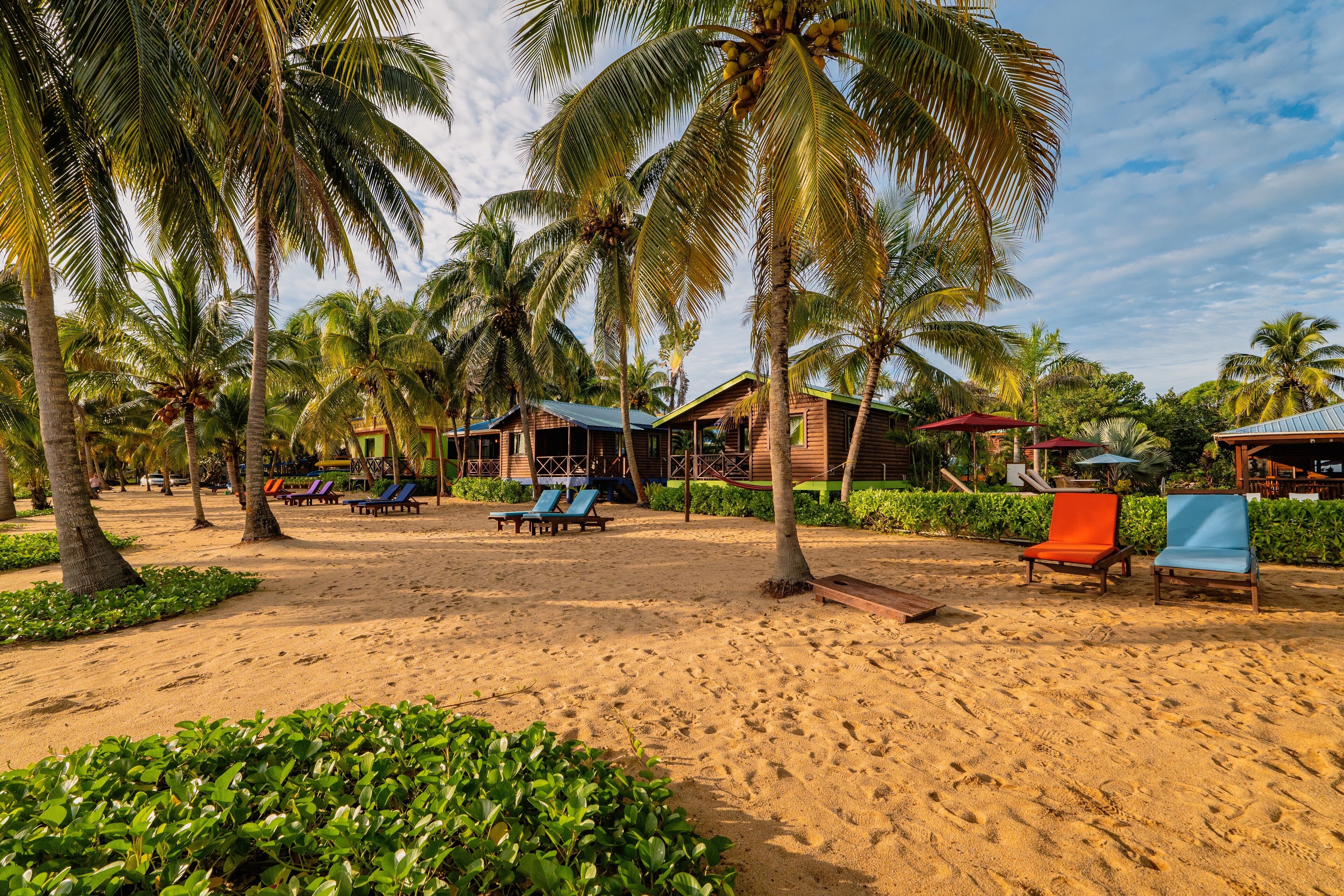A beach resort with palm trees, lounge chairs, and wooden cabins.