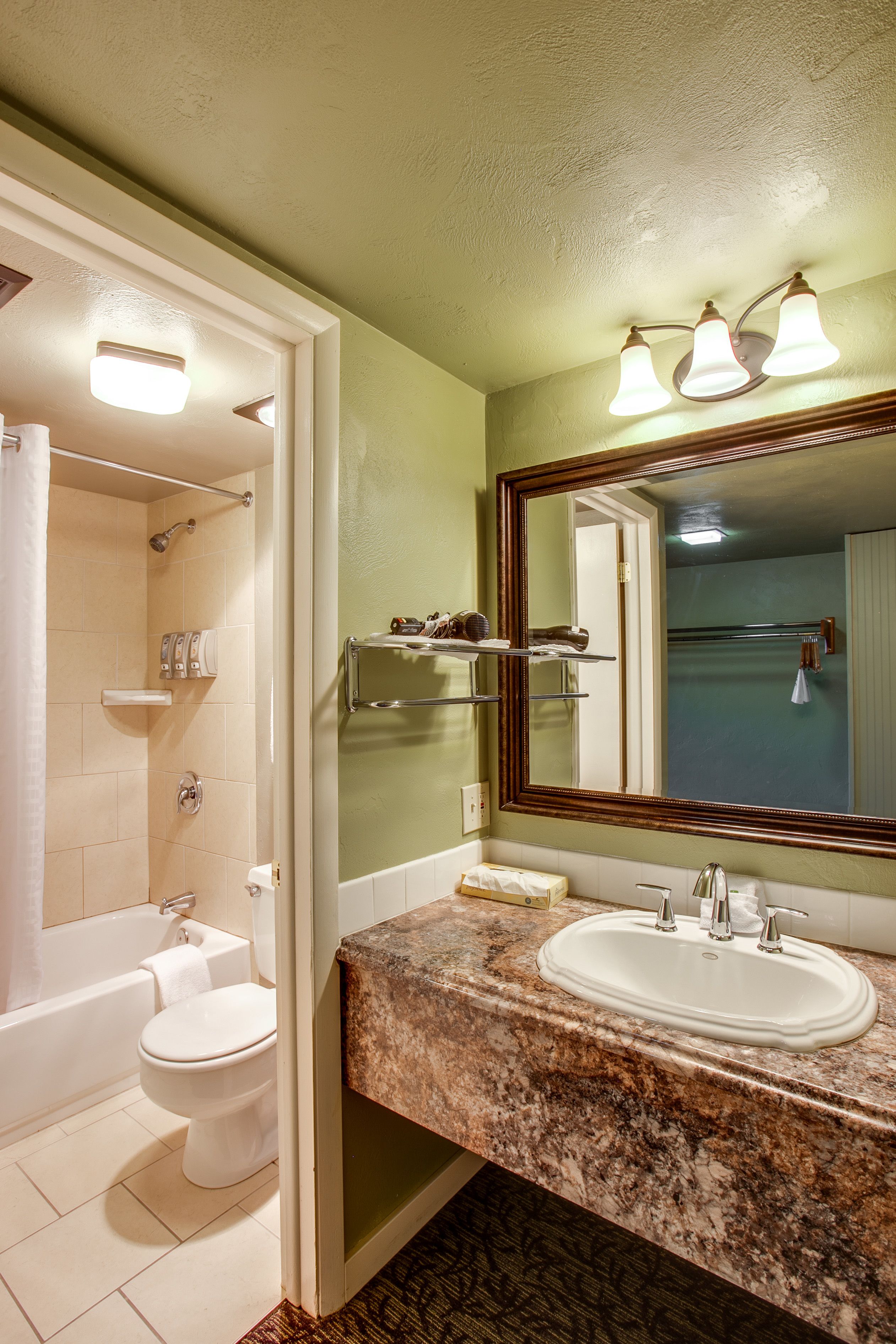 combined shower/bathtub, free toiletries, hair dryer, towels