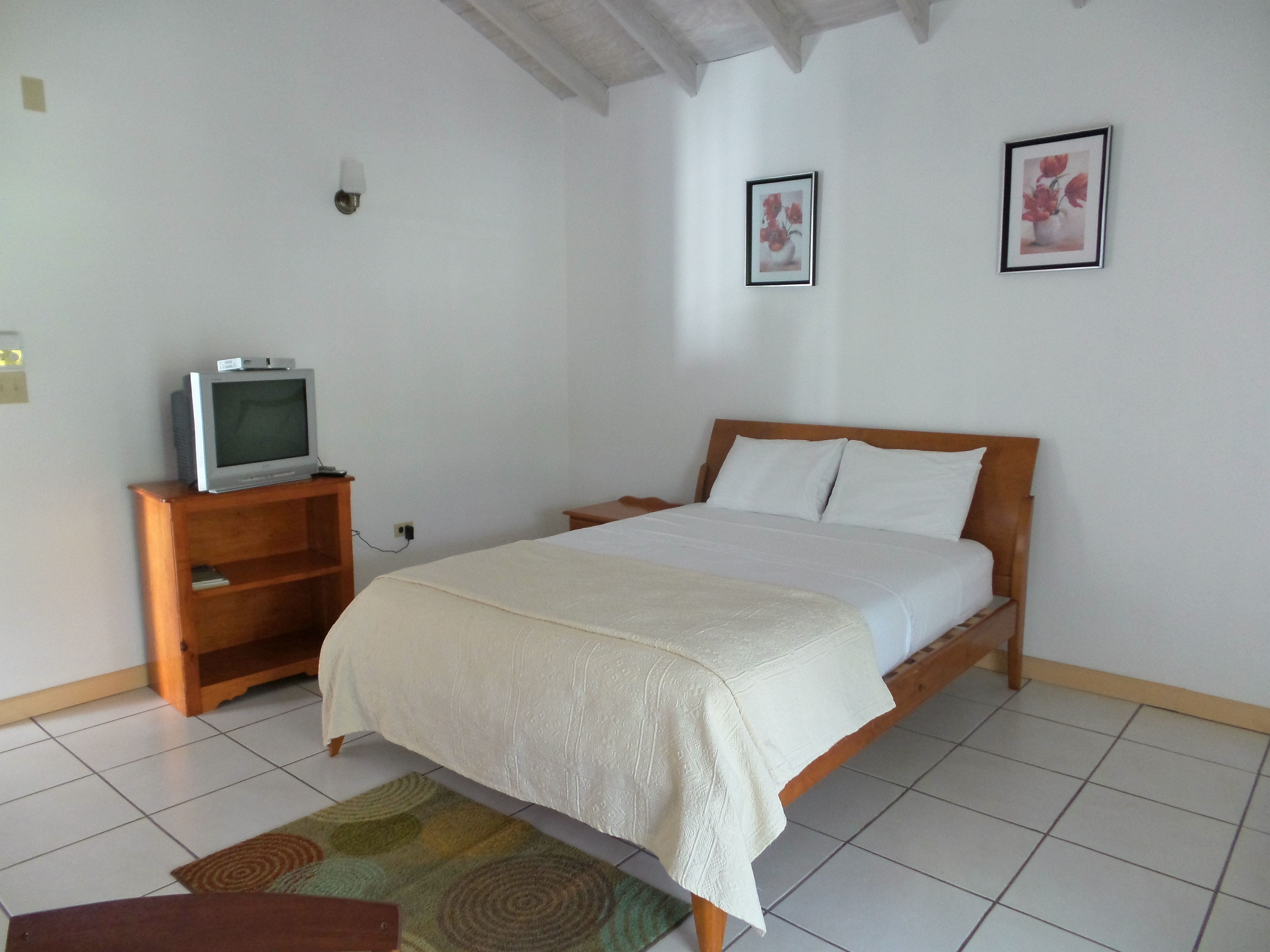 A bedroom with a bed, a television on a wooden stand, and two framed pictures on the wall.