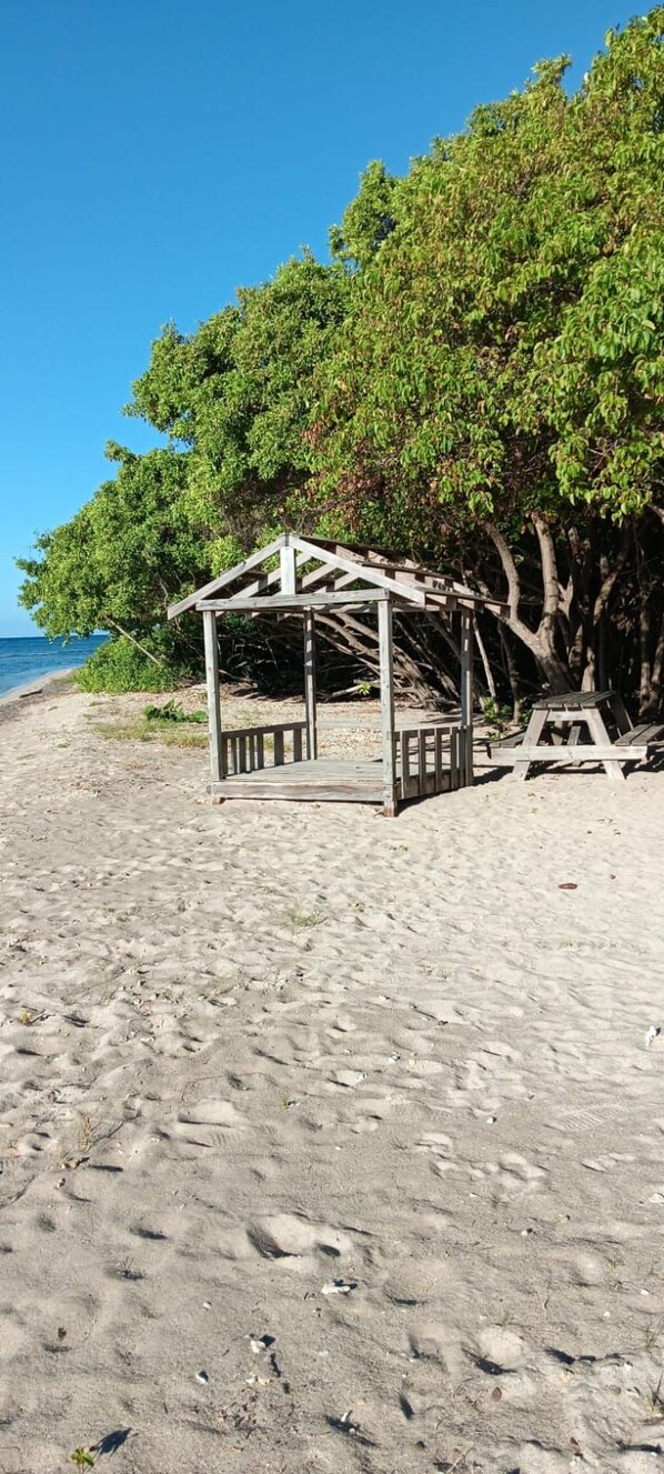 A beach with a wooden gazebo structure. - CoCo Rose Guesthouse (Cades Bay)