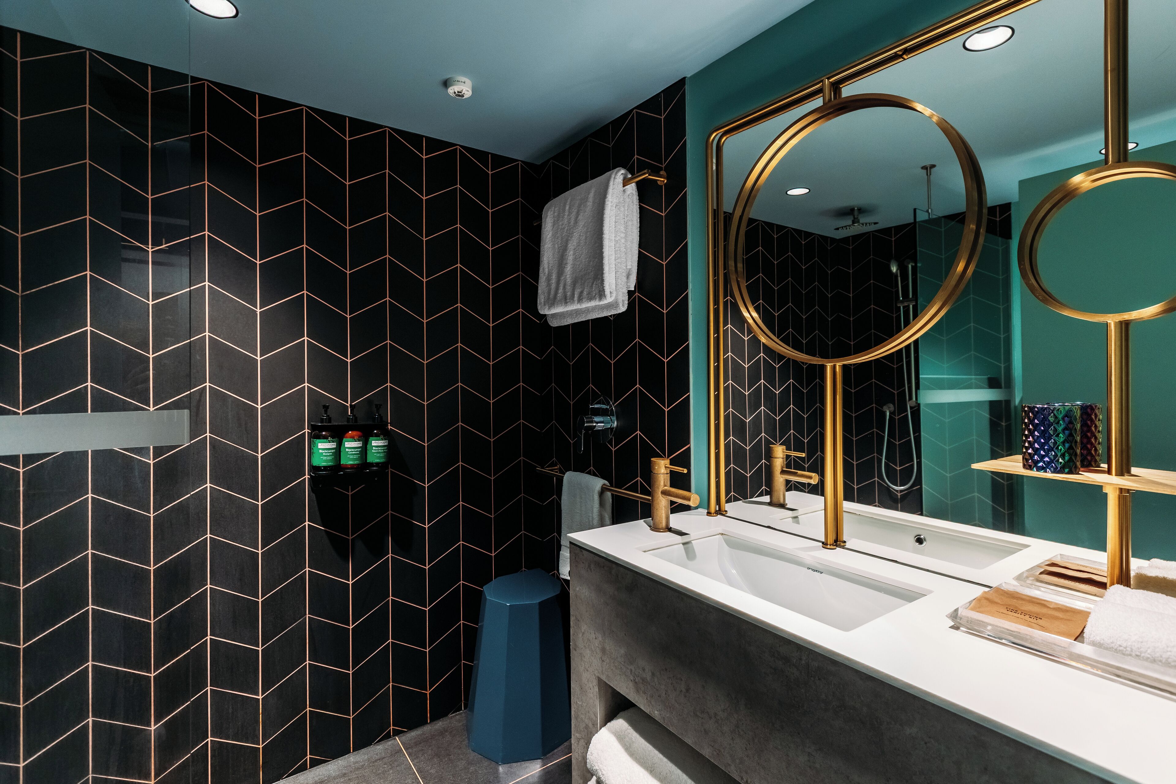 habitat room 2 queen beds | bathroom | hair dryer, towels, soap, shampoo