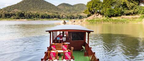 Un bote con cubierta verde y muebles de madera, rodeado de agua tranquila y vegetación.
