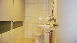 Et lille, moderne badeværelse med toilet, vask og brusebad.